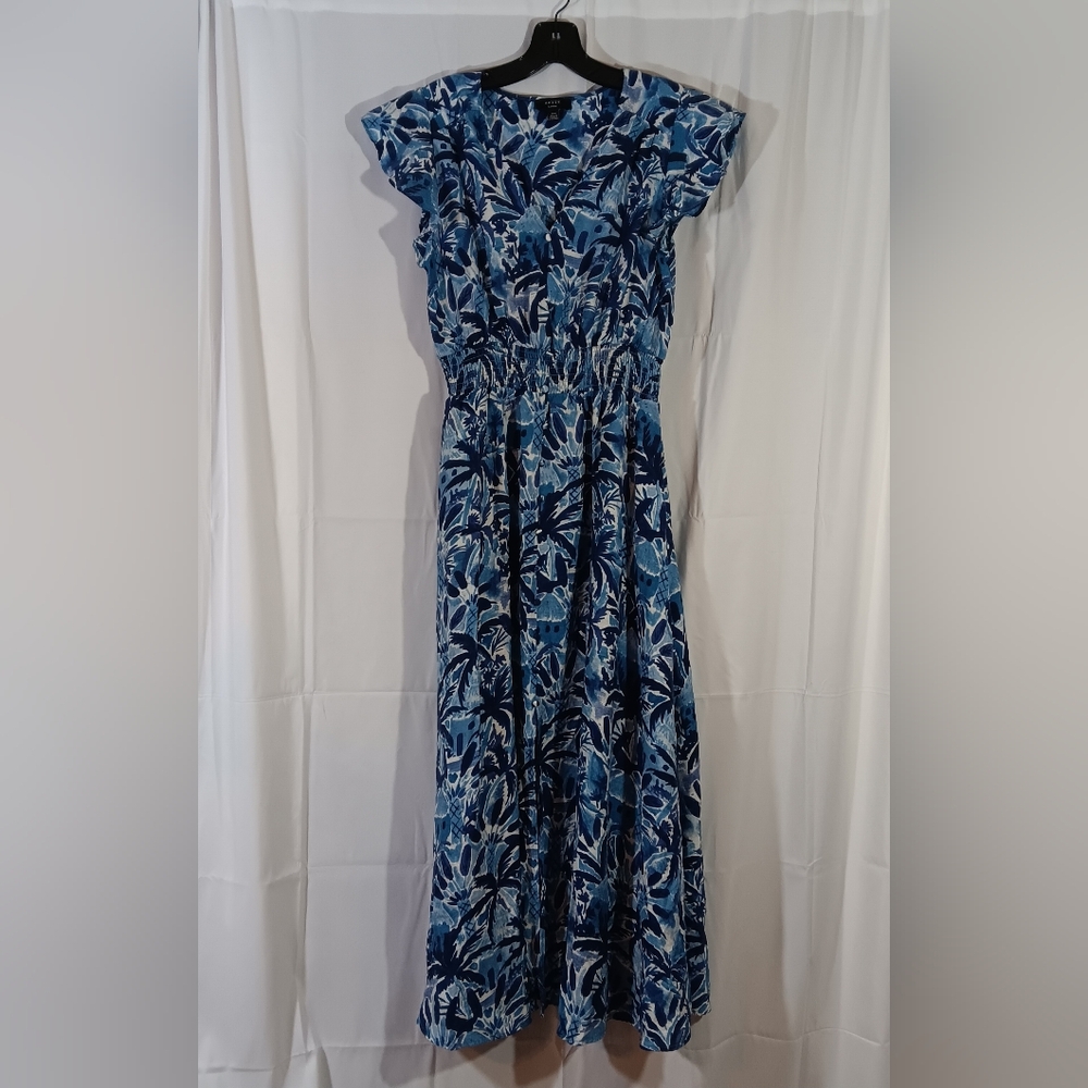 Haver London Womens Medium Midi Dress Blue Palm Tree Resort Feminine Summer